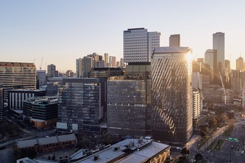 A view of the Collins Square precinct at sunset.